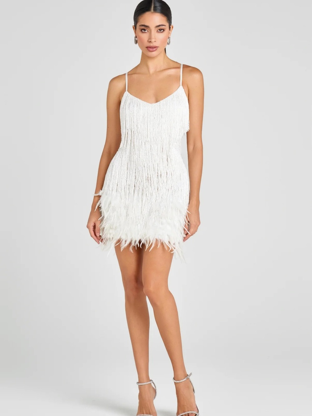 White Feather-Trim Fringe Mini Dress